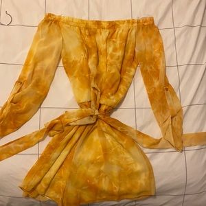 Tiedye yellow off the shoulder 3/4 sleeve romper M